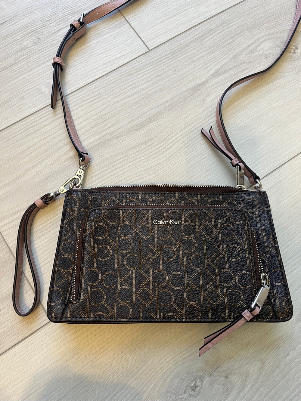 Calvin Klein Brown Logo medium Crossbody with Pink Trim